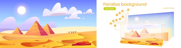 Woestijnlandschap met egyptische piramides en kamelen op zandduinen. parallax-achtergrond met lagen voor het scrollen van animaties. vectorbeeldverhaalillustratie van woestijn met faraograven en caravan