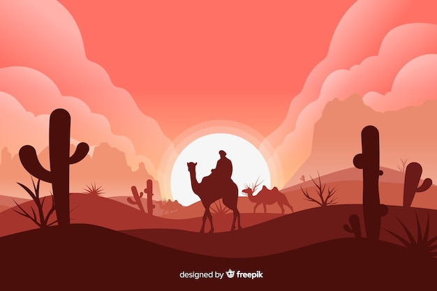 Woestijnlandschap met man op kameel