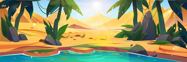 Gratis vector woestijnlandschap met meer en palmbomen in oase in zand en heuvels water en groene planten in het midden van de duin cartoon vector illustratie van zonnige zomer landschap van savanne met vijver en groen