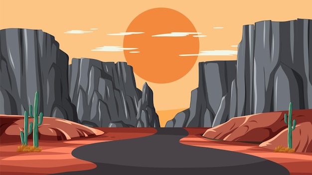 Gratis vector woestijnweg bij zonsondergang vector illustratie