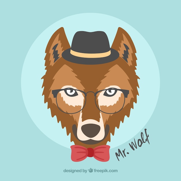 Gratis vector wolf met hoed en glazen achtergrond