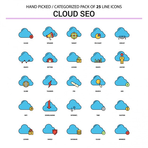 Wolk SEO Flat Line Icon Set - Ontwerp van de bedrijfsconceptenpictogrammen