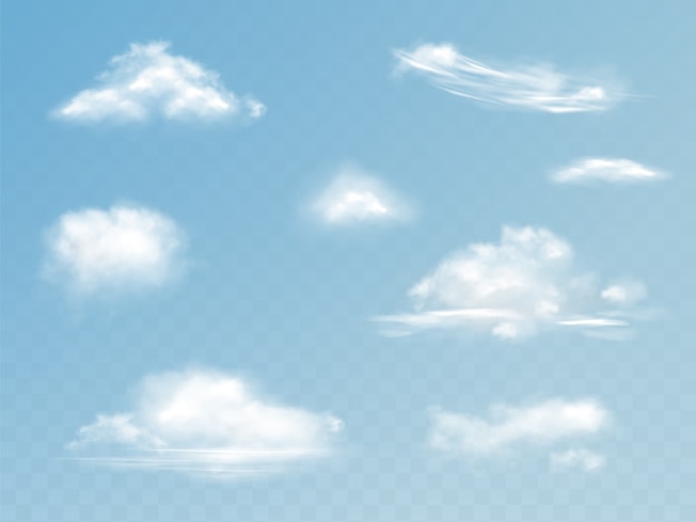 Wolken realistische set illustratie van doorschijnend bewolkte hemel met pluizige wolken
