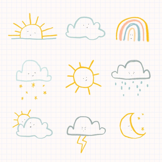 Wolken weer dagboek sticker vector schattige doodle set voor kinderen