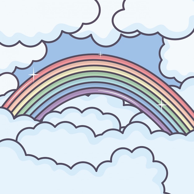 Gratis vector wolkenhemel met regenboogweer