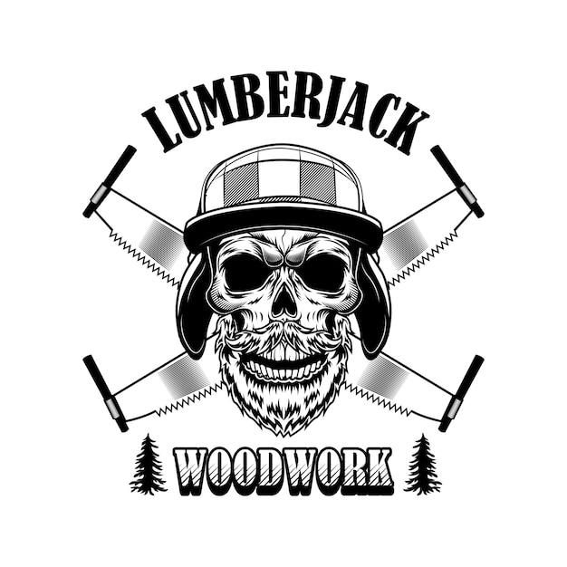 Woodsman vectorillustratie. Hoofd van skelet in winterhoed, gekruiste zagen en houtbewerkingstekst. Houtbaan of ambachtelijke concept voor logo