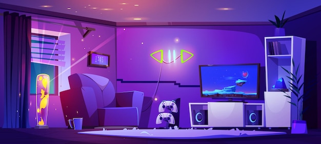 Gratis vector woonkamer interieur 's nachts met gamer spullen