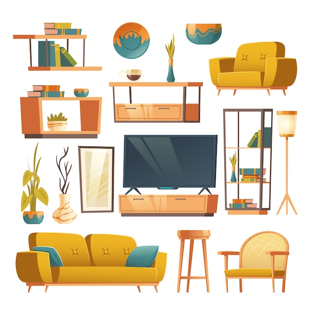 Gratis vector woonkamer interieur set van meubels