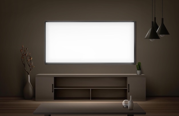 Gratis vector woonkamer met breed lcd-tv-scherm 's nachts