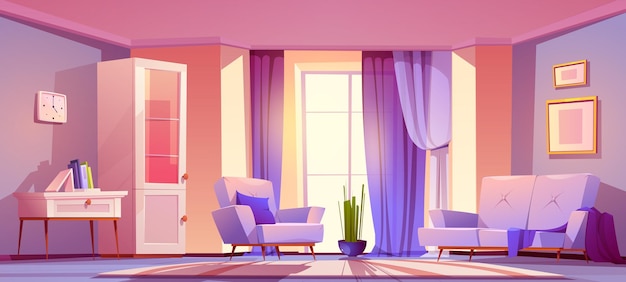Woonkamer met paarse meubels en gordijnen