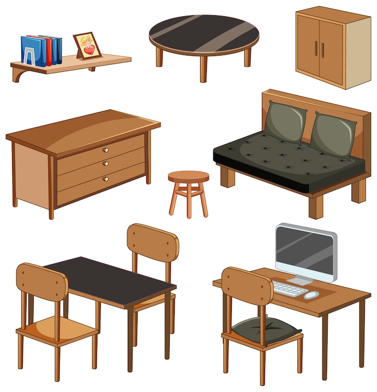 Gratis Vector woonkamer meubels objecten geïsoleerd op een witte achtergrond