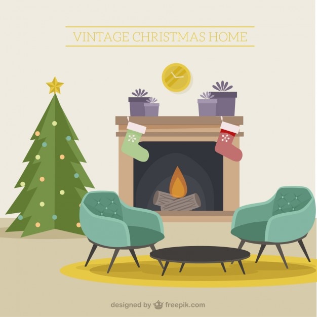 Gratis vector woonkamer van kerstmis decoratie in vintage stijl