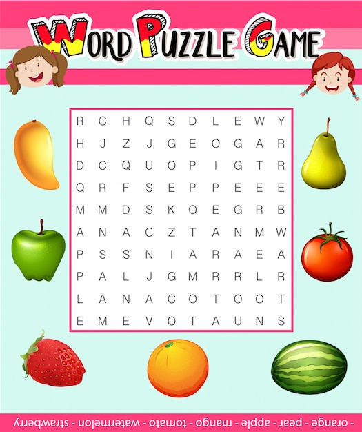 Word puzzelspel sjabloon met fruit thema illustratie