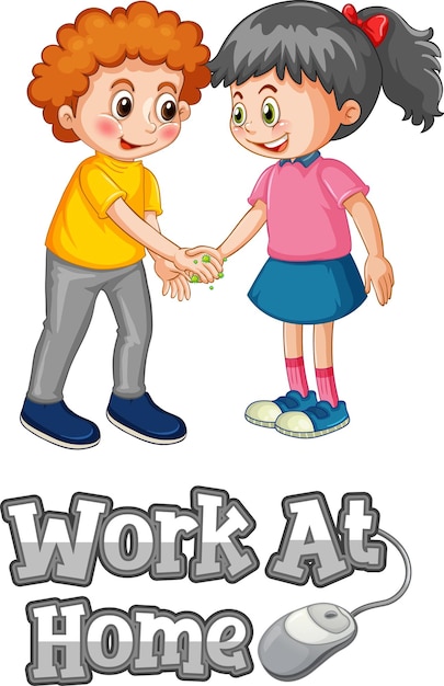 Work at home-lettertype in cartoonstijl met twee kinderen houdt geen sociale afstand geïsoleerd op een witte achtergrond