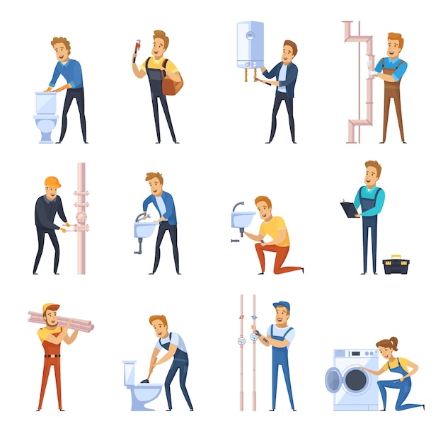 Gratis vector working plumbers flat color icons set