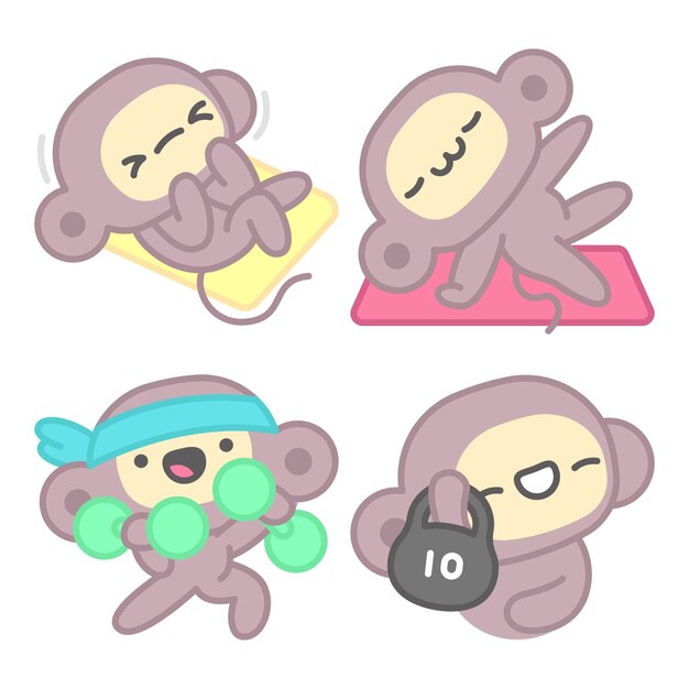 Gratis vector workout fitness stickers collectie met aap en banaan
