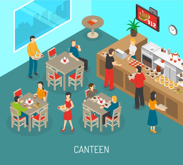 Gratis vector workplace canteen lunch isometric poster illustration