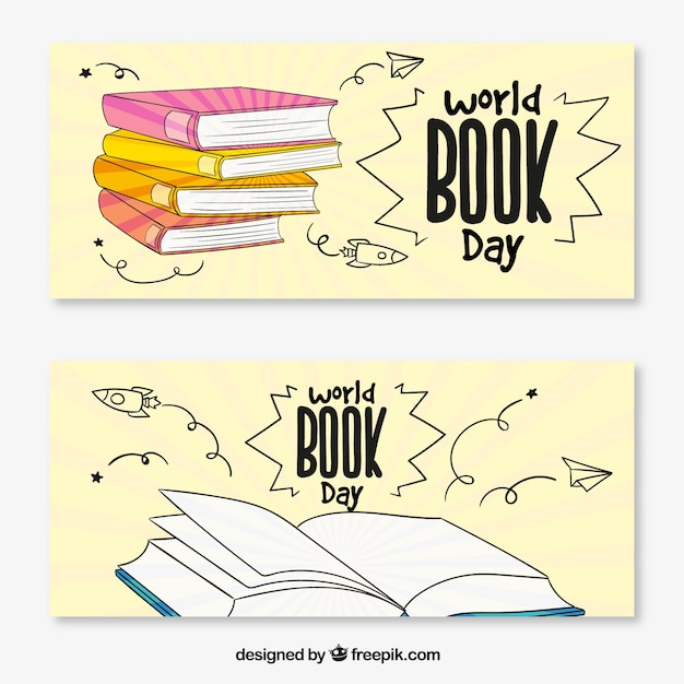 Gratis vector world book day banners met boeken in de hand getekende stijl