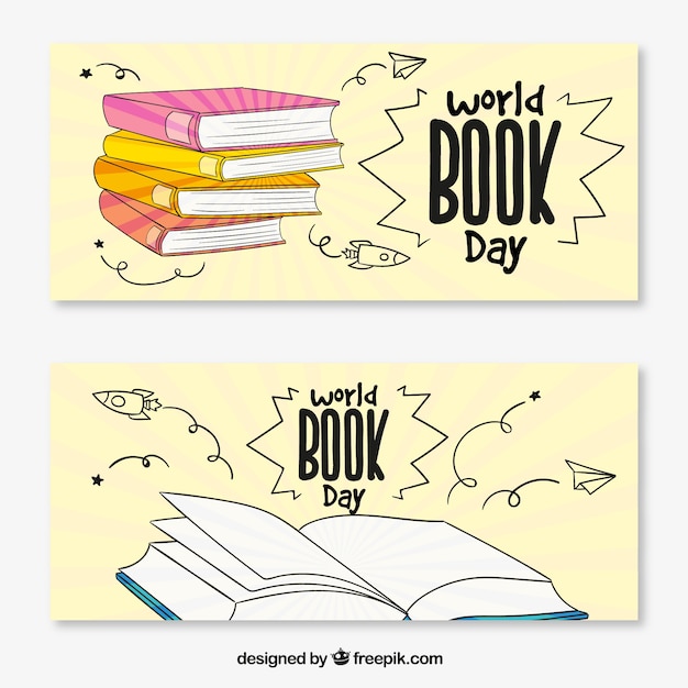World Book Day banners met boeken in de hand getekende stijl
