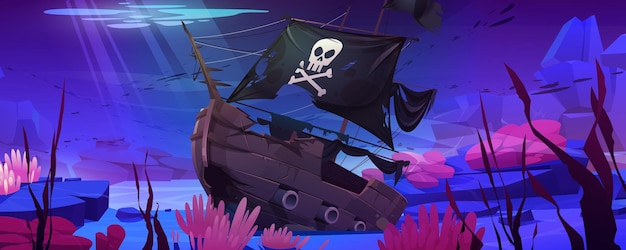 Gratis vector wrak piratenschip gezonken boot met jolly roger
