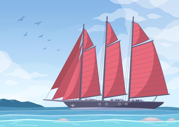 Gratis vector yachting cartoon compositie met mariene landschap heldere hemel met vogels en groot jacht