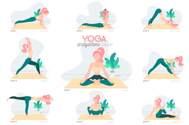 Gratis vector yoga blijft thuis routine met karakter