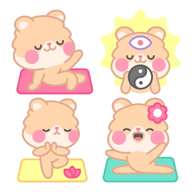 Gratis vector yoga sticker collectie met kimchi de hamster