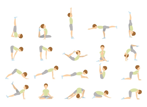 Gratis vector yoga voor kinderen geïsoleerde houdingen en asana's voor kinderen op een witte achtergrond