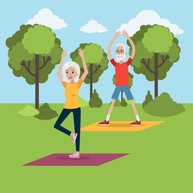 Gratis vector yoga voor ouderen senioren die yoga doen in het park