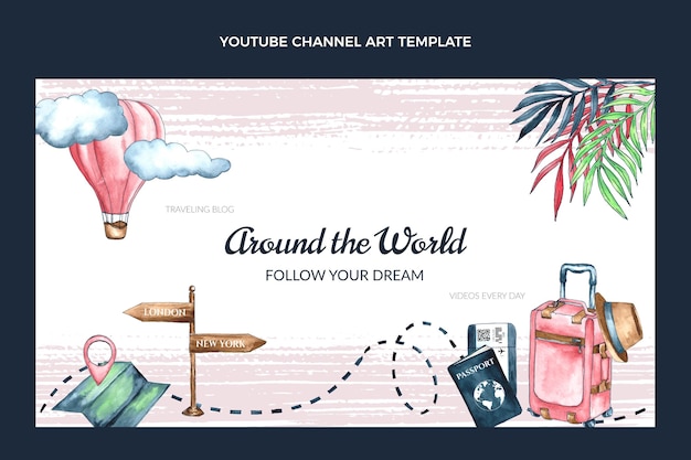 Gratis vector youtube-kanaal voor aquarelreizen