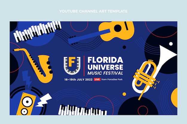 Gratis vector youtube-kanaal voor minimalistisch muziekfestival met plat ontwerp