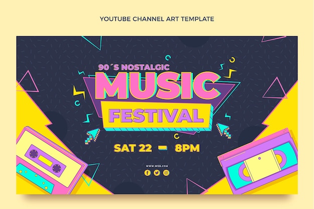 Gratis vector youtube-kanaal voor nostalgische muziekfestivals uit de jaren 90