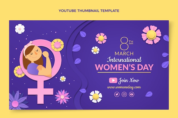 Gratis vector youtube-thumbnail voor internationale vrouwendag in papierstijl