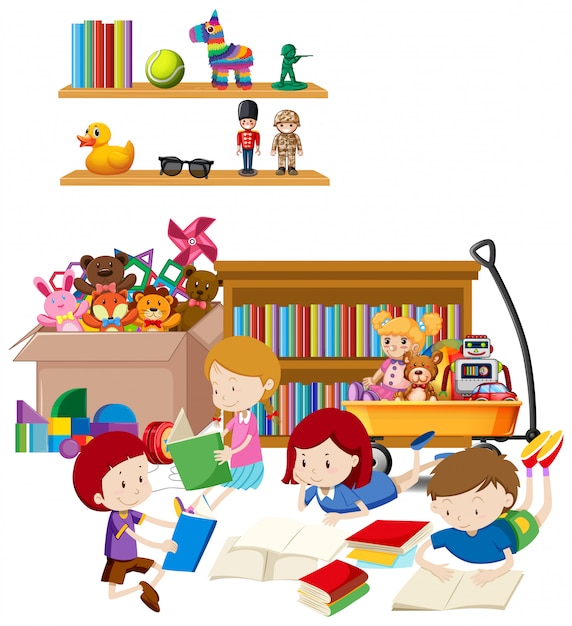 Zaal met veel kinderen die boeken op de vloerillustratie lezen