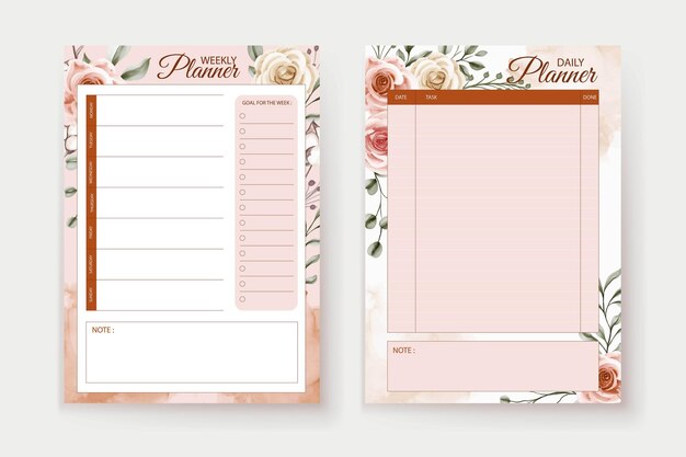 Zacht roze perzik pastel aquarel bloemen Boheemse wekelijkse planner sjabloon