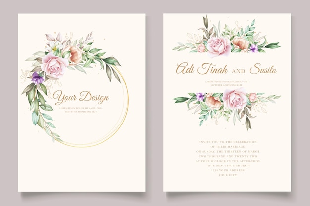 zachte kleur pioenrozen en rozen aquarel uitnodigingskaarten set