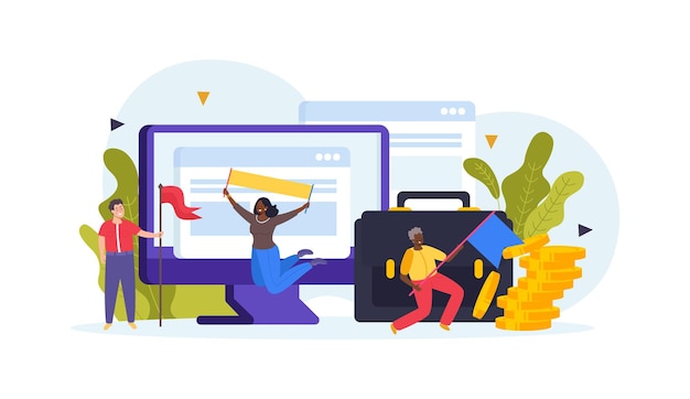Zakelijk succes teamwork platte compositie met computermonitor munten en gelukkige kleine mensen met kleurrijke vlaggen vectorillustratie