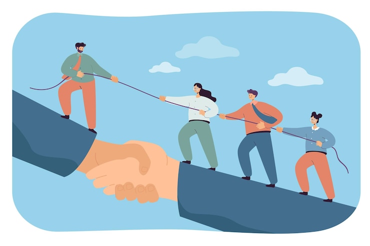 Gratis Vector zakelijk team dat gigantische handdruk beklimt met steun van leider