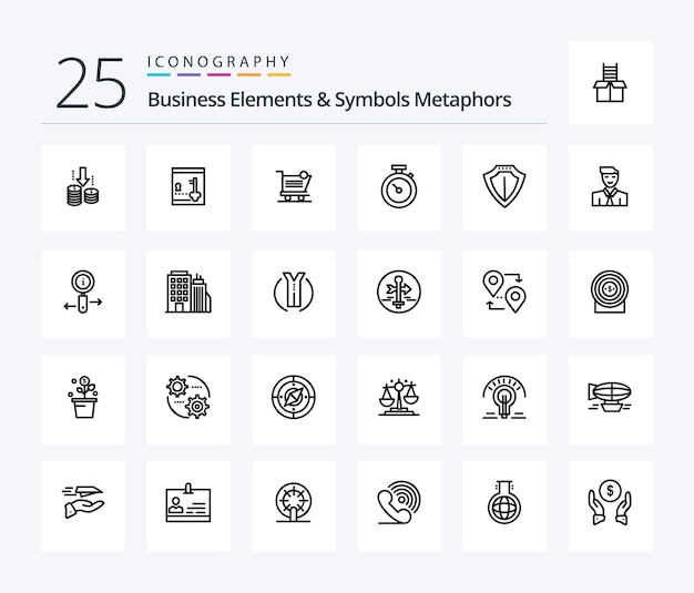 Zakelijke elementen en symbolen Metaforen 25 Line icon pack inclusief sheild watch cart stopwatch store