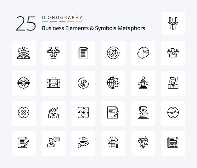 Zakelijke elementen en symbolen metaforen 25 line icon pack inclusief team pie puzzle chart point