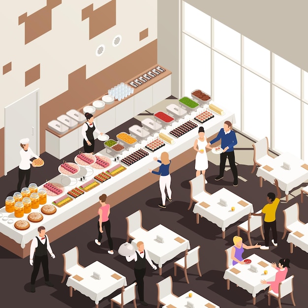 Gratis vector zakelijke evenementen vieringen catering service hal isometrisch aanzicht met wit tafellinnen snacks dranken buffet illustratie