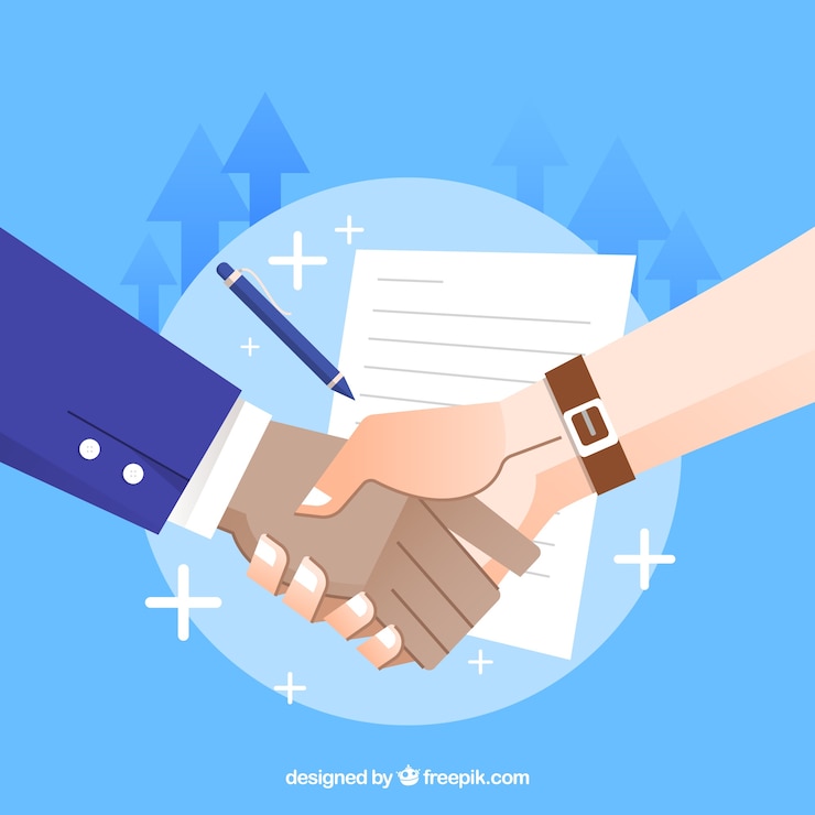 Gratis Vector zakelijke handdruk achtergrond met contract in vlakke stijl