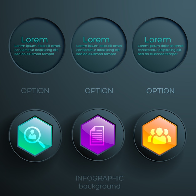 Zakelijke infographic concept met pictogrammen kleurrijke glanzende zeshoekige knoppen en donkere kringen