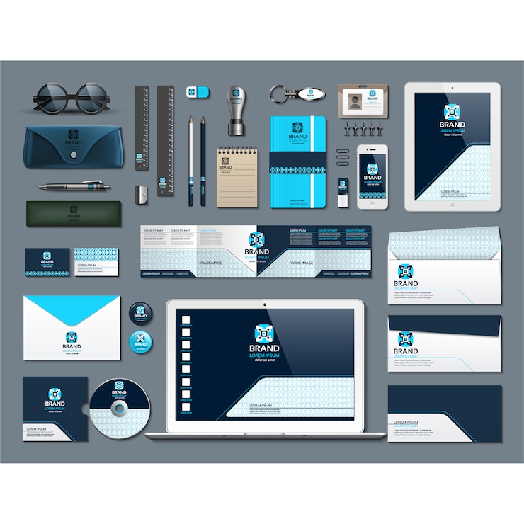 Gratis Vector zakelijke kantoorbehoeften met blauw ontwerp
