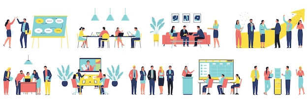 Zakelijke kleurset met geïsoleerde iconen van werknemerskarakters die vergaderingen hebben, brainstorms, handen schudden die samenwerken vectorillustratie