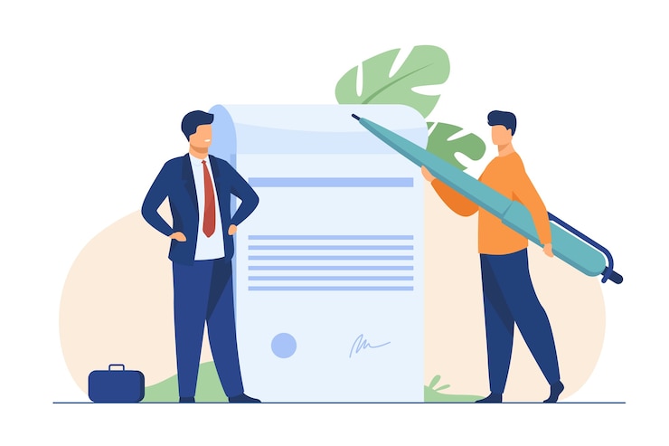 Gratis Vector zakelijke partners ondertekenen document. kleine karakters met pen, papier met handtekening en zegel vlakke afbeelding.