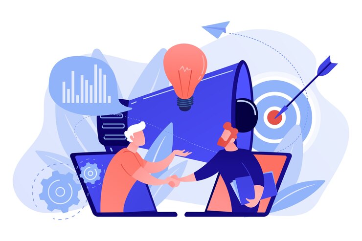 Gratis Vector zakenlieden handdruk van laptops en megafoon. samenwerking en communicatie, bedrijfs- en coöperatief bedrijfsconcept op witte achtergrond.