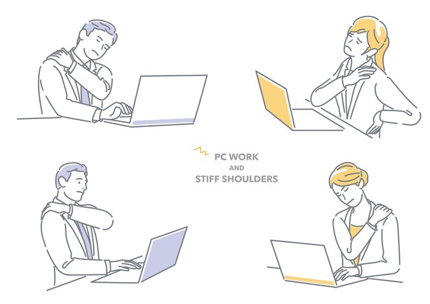 Zakenman en zakenvrouw werken op laptopcomputer met stijve schouders