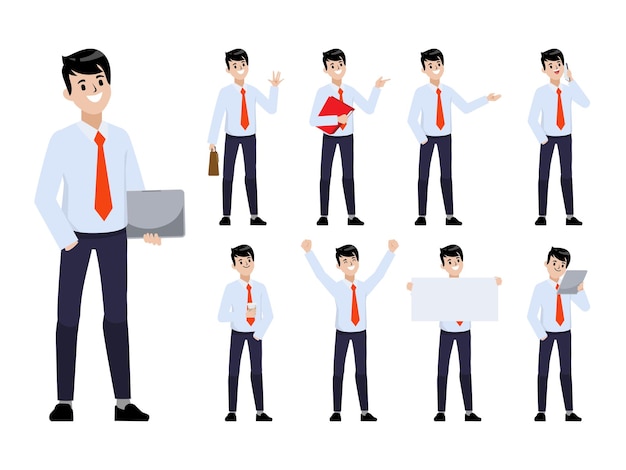 Gratis vector zakenman in kantoor werknemer karakter pose set platte cartoon mensen design