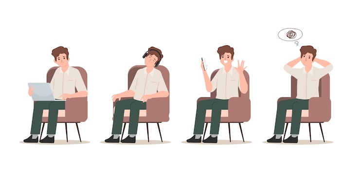 Gratis Vector zakenman in kantoor werknemer karakter pose set platte cartoon mensen design